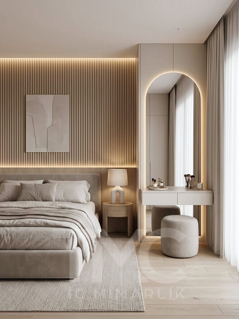 Modern vizon tonlarında tasarlanmış özel ölçü yatak odası dekorasyonu, LED aydınlatmalı oval makyaj aynası, minimal panel duvar uygulaması, modern komodin tasarımı ve sıcak nötr renk paletiyle lüks iç mimari yatak odası projesi.