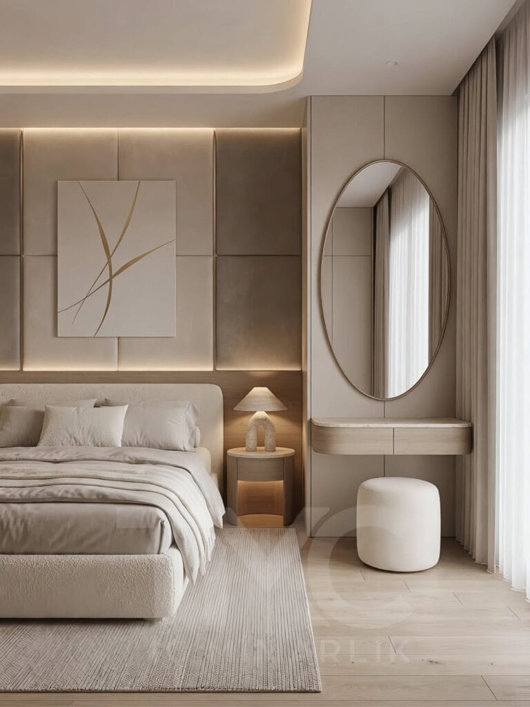 Modern vizon tonlarında tasarlanmış özel ölçü yatak odası dekorasyonu, LED aydınlatmalı oval makyaj aynası, minimal panel duvar uygulaması, modern komodin tasarımı ve sıcak nötr renk paletiyle lüks iç mimari yatak odası projesi.
