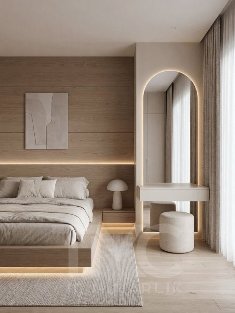 Modern vizon tonlarında tasarlanmış özel ölçü yatak odası dekorasyonu, LED aydınlatmalı oval makyaj aynası, minimal panel duvar uygulaması, modern komodin tasarımı ve sıcak nötr renk paletiyle lüks iç mimari yatak odası projesi.