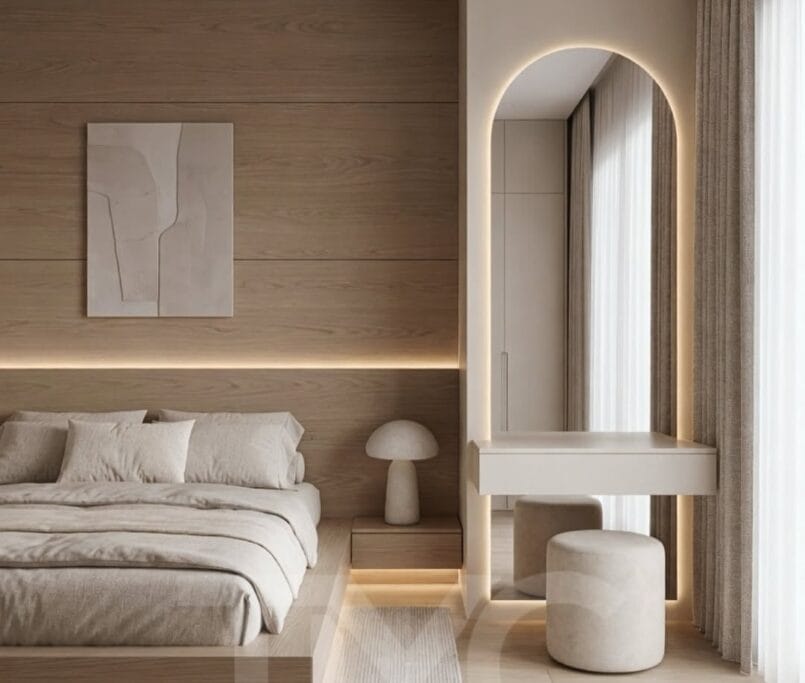 Modern vizon tonlarında tasarlanmış özel ölçü yatak odası dekorasyonu, LED aydınlatmalı oval makyaj aynası, minimal panel duvar uygulaması, modern komodin tasarımı ve sıcak nötr renk paletiyle lüks iç mimari yatak odası projesi.