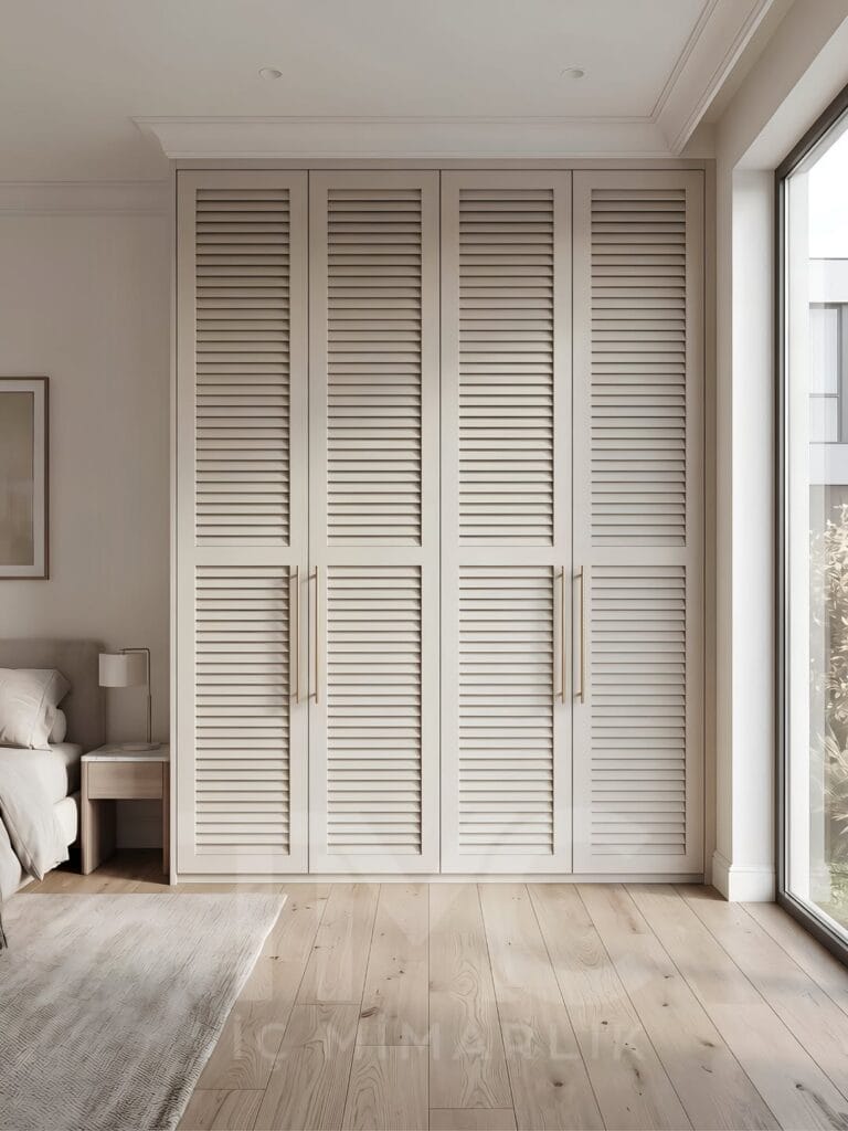 Modern krem tonlarında özel tasarım yatak odası dolap sistemi, reflekte cam kapak detayları, lake yüzeyler, panjur kapak alternatifleri ve sıcak LED aydınlatmalı modern giyinme odası tasarımı. Tavana kadar uzanan özel üretim dolap modeli, ahşap detaylar ve minimal iç mimari çizgilerle lüks ve işlevsel yaşam alanı tasarımı. TMC Mimarlık modern dolap ve yatak odası projesi.