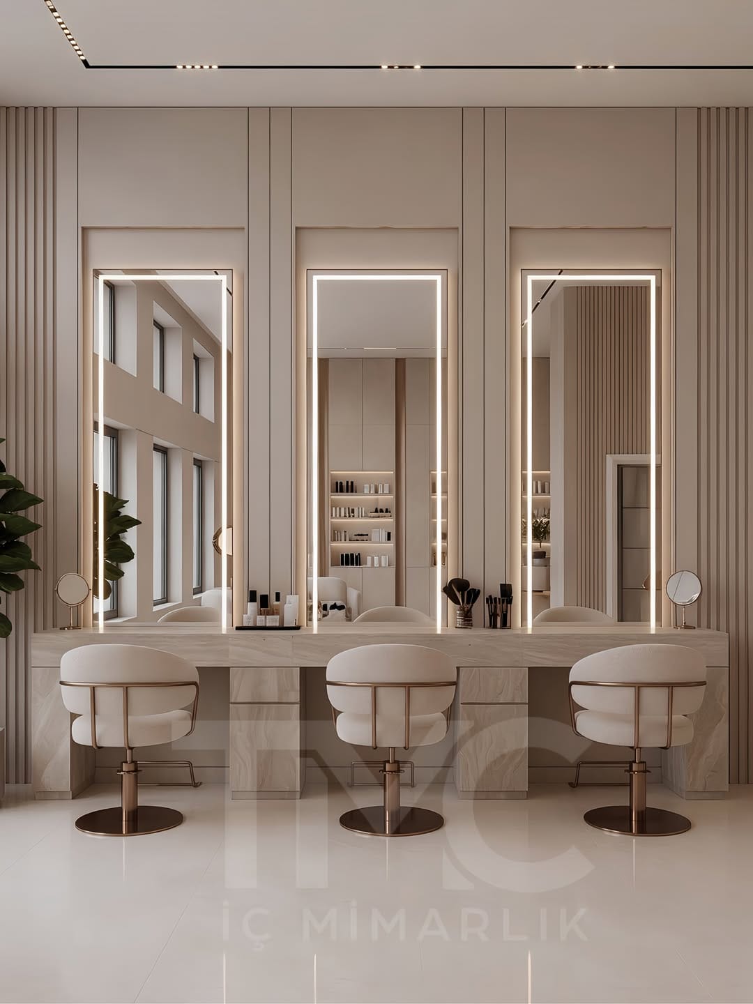 Modern güzellik salonu tasarımında sıcak bej tonları, bronz detaylar, doğal taş yüzeyler ve lineer LED aydınlatmalar ile premium bir spa atmosferi oluşturduk.