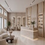 Modern güzellik salonu tasarımında sıcak bej tonları, bronz detaylar, doğal taş yüzeyler ve lineer LED aydınlatmalar ile premium bir spa atmosferi oluşturduk.