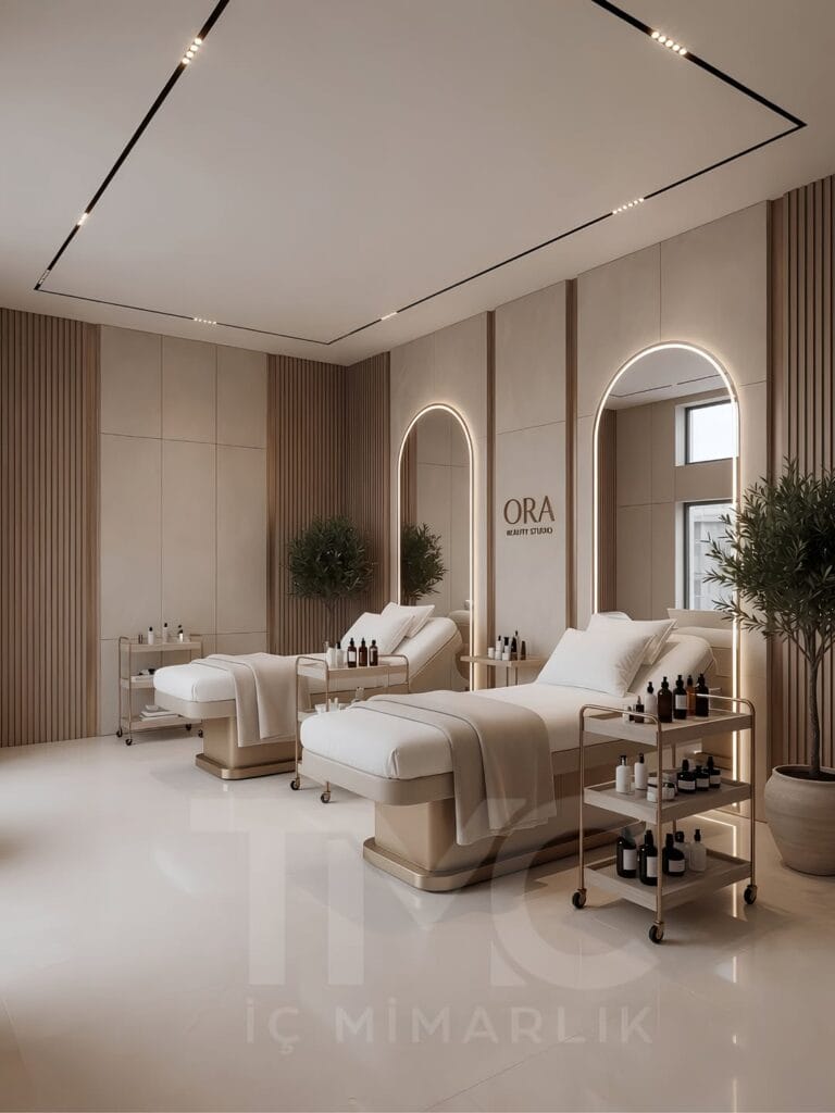 Modern güzellik salonu tasarımında sıcak bej tonları, bronz detaylar, doğal taş yüzeyler ve lineer LED aydınlatmalar ile premium bir spa atmosferi oluşturduk.