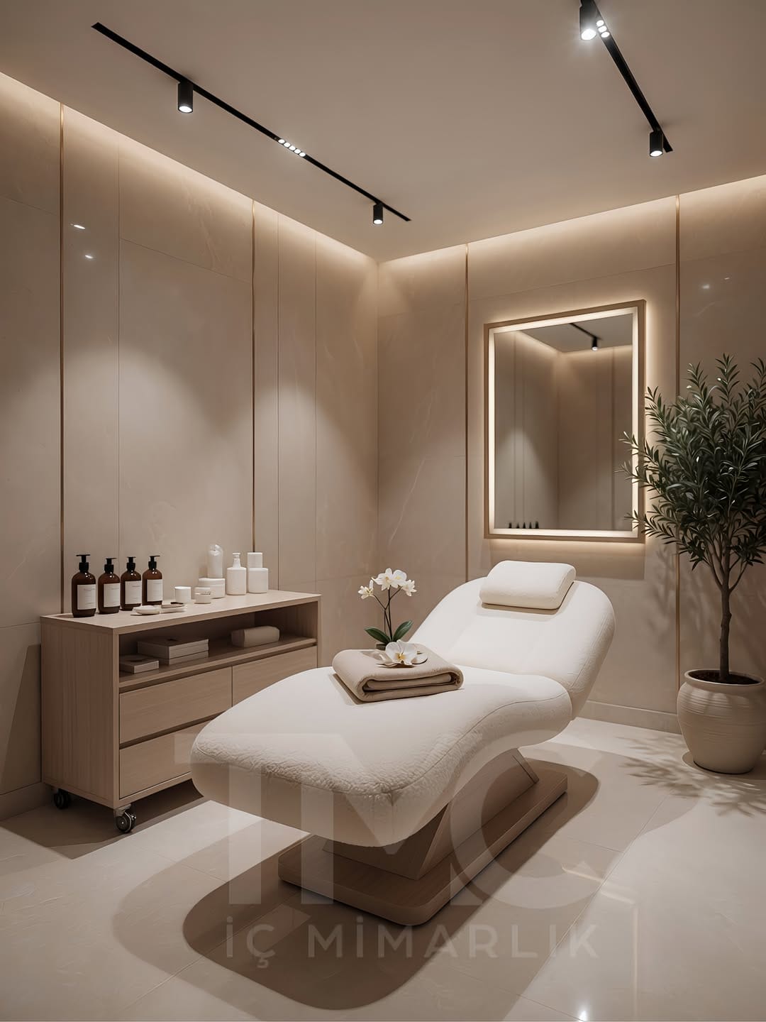 Modern güzellik salonu tasarımında sıcak bej tonları, bronz detaylar, doğal taş yüzeyler ve lineer LED aydınlatmalar ile premium bir spa atmosferi oluşturduk.