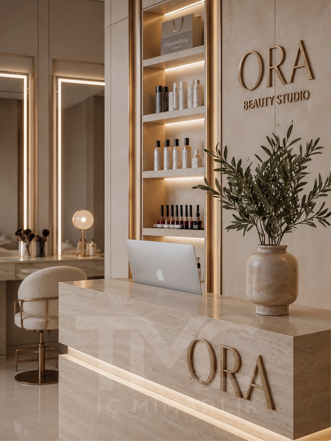 Modern güzellik salonu tasarımında sıcak bej tonları, bronz detaylar, doğal taş yüzeyler ve lineer LED aydınlatmalar ile premium bir spa atmosferi oluşturduk.