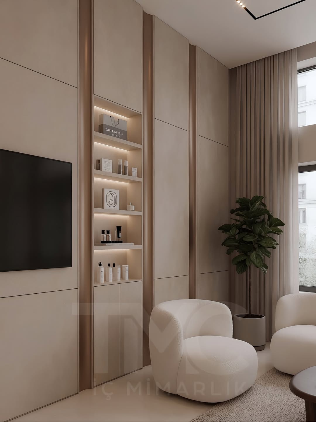 Modern güzellik salonu tasarımında sıcak bej tonları, bronz detaylar, doğal taş yüzeyler ve lineer LED aydınlatmalar ile premium bir spa atmosferi oluşturduk.
