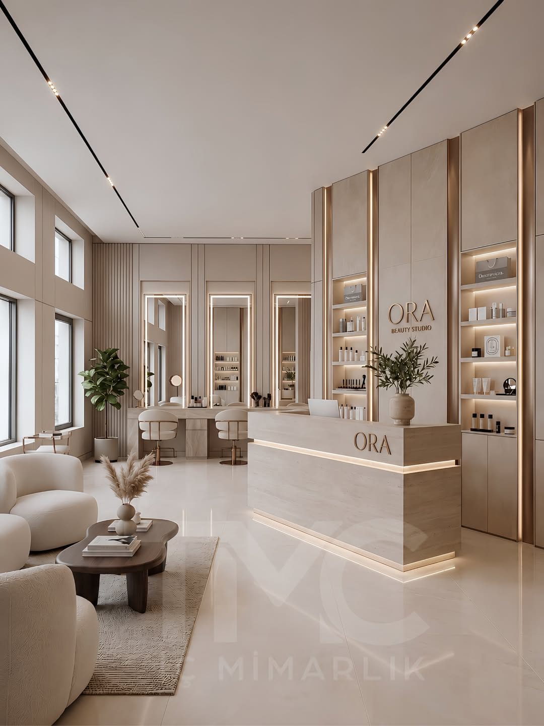 Modern güzellik salonu tasarımında sıcak bej tonları, bronz detaylar, doğal taş yüzeyler ve lineer LED aydınlatmalar ile premium bir spa atmosferi oluşturduk.