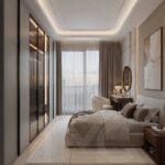 Modern lüks yatak odası tasarımı, Park Residences Cadde projesinde Tunç & Arzu çifti için özel üretim olarak tasarlanan sıcak ceviz detaylı, nervür cam giyinme dolaplı, LED aydınlatmalı modern yatak odası iç mimari projesi. Soft krem tonları, bronz detaylar, doğal mermer yüzeyler ve ölçüye özel depolama çözümleriyle premium yaşam alanı tasarımı. TMC Mimarlık özel tasarım yatak odası uygulaması.