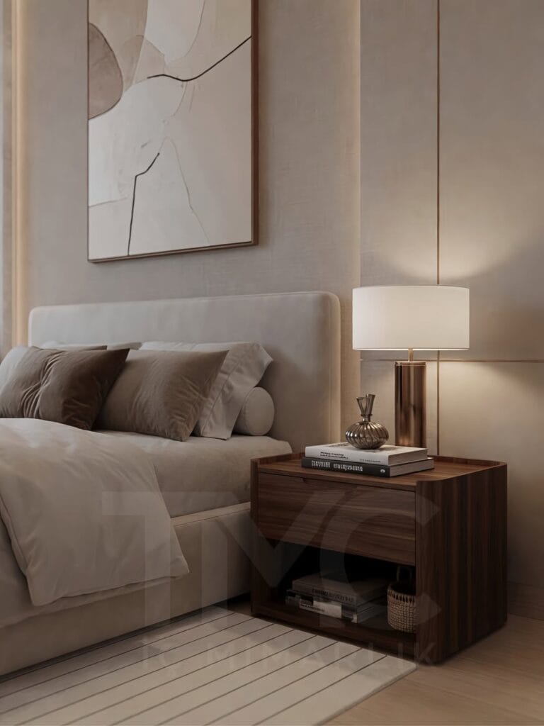 Modern lüks yatak odası tasarımı, Park Residences Cadde projesinde Tunç & Arzu çifti için özel üretim olarak tasarlanan sıcak ceviz detaylı, nervür cam giyinme dolaplı, LED aydınlatmalı modern yatak odası iç mimari projesi. Soft krem tonları, bronz detaylar, doğal mermer yüzeyler ve ölçüye özel depolama çözümleriyle premium yaşam alanı tasarımı. TMC Mimarlık özel tasarım yatak odası uygulaması.
