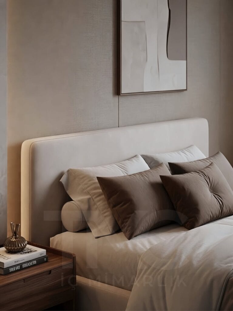 Modern lüks yatak odası tasarımı, Park Residences Cadde projesinde Tunç & Arzu çifti için özel üretim olarak tasarlanan sıcak ceviz detaylı, nervür cam giyinme dolaplı, LED aydınlatmalı modern yatak odası iç mimari projesi. Soft krem tonları, bronz detaylar, doğal mermer yüzeyler ve ölçüye özel depolama çözümleriyle premium yaşam alanı tasarımı. TMC Mimarlık özel tasarım yatak odası uygulaması.