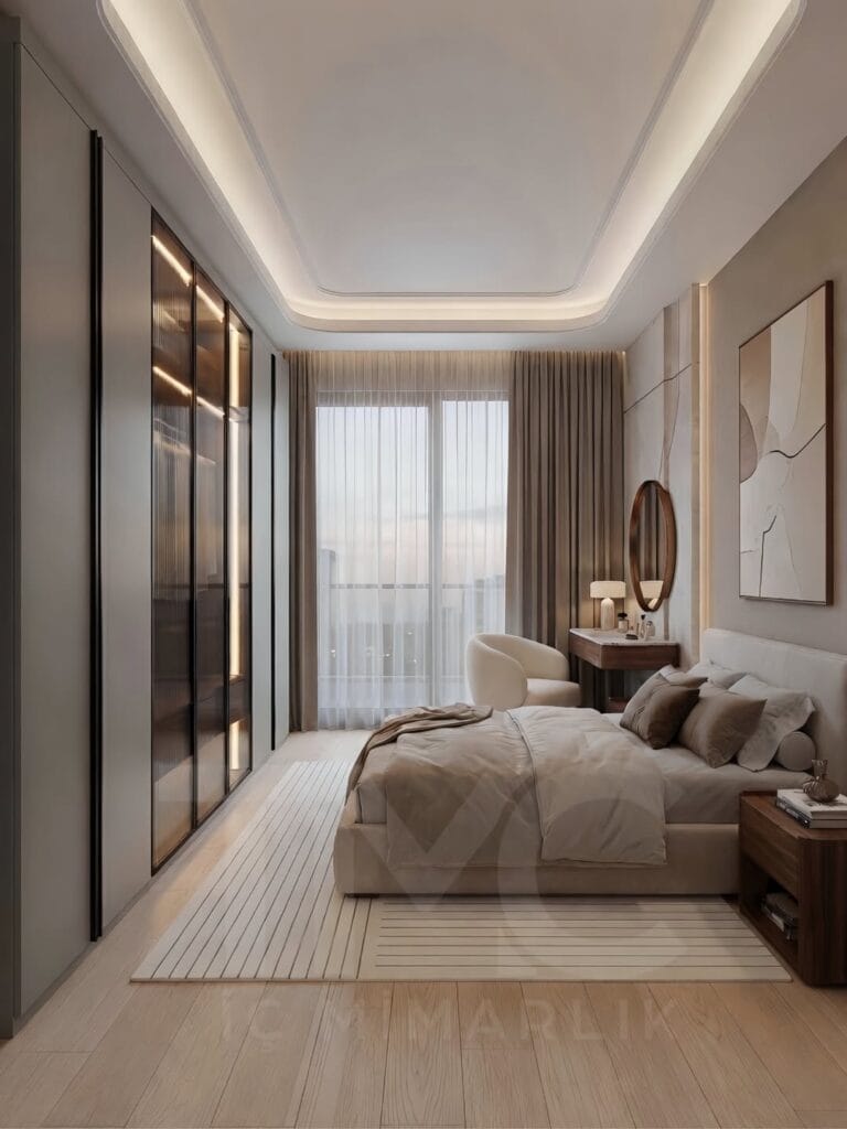 Modern lüks yatak odası tasarımı, Park Residences Cadde projesinde Tunç & Arzu çifti için özel üretim olarak tasarlanan sıcak ceviz detaylı, nervür cam giyinme dolaplı, LED aydınlatmalı modern yatak odası iç mimari projesi. Soft krem tonları, bronz detaylar, doğal mermer yüzeyler ve ölçüye özel depolama çözümleriyle premium yaşam alanı tasarımı. TMC Mimarlık özel tasarım yatak odası uygulaması.