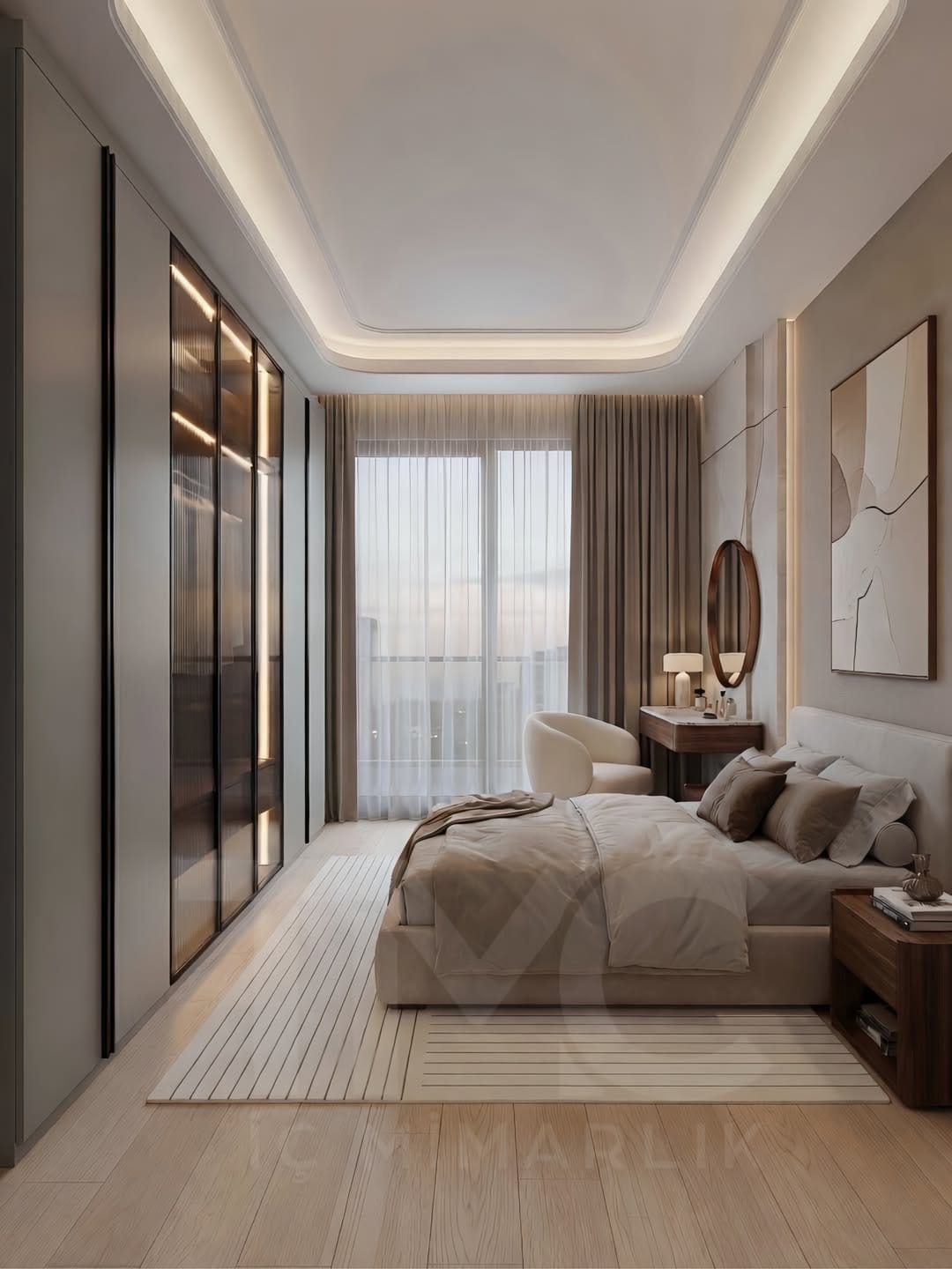 Modern lüks yatak odası tasarımı, Park Residences Cadde projesinde Tunç & Arzu çifti için özel üretim olarak tasarlanan sıcak ceviz detaylı, nervür cam giyinme dolaplı, LED aydınlatmalı modern yatak odası iç mimari projesi. Soft krem tonları, bronz detaylar, doğal mermer yüzeyler ve ölçüye özel depolama çözümleriyle premium yaşam alanı tasarımı. TMC Mimarlık özel tasarım yatak odası uygulaması.