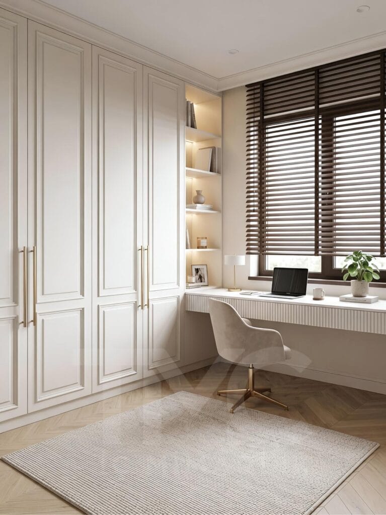 Suadiye’de Çağatay Bey için tasarlanmış modern çalışma odası; krem tonlarında özel üretim dolaplar, pencere önü çalışma masası, gold detaylı kulplar, açık raf sistemi ve gizli LED aydınlatmalar ile ferah, düzenli ve fonksiyonel bir home office tasarımı.