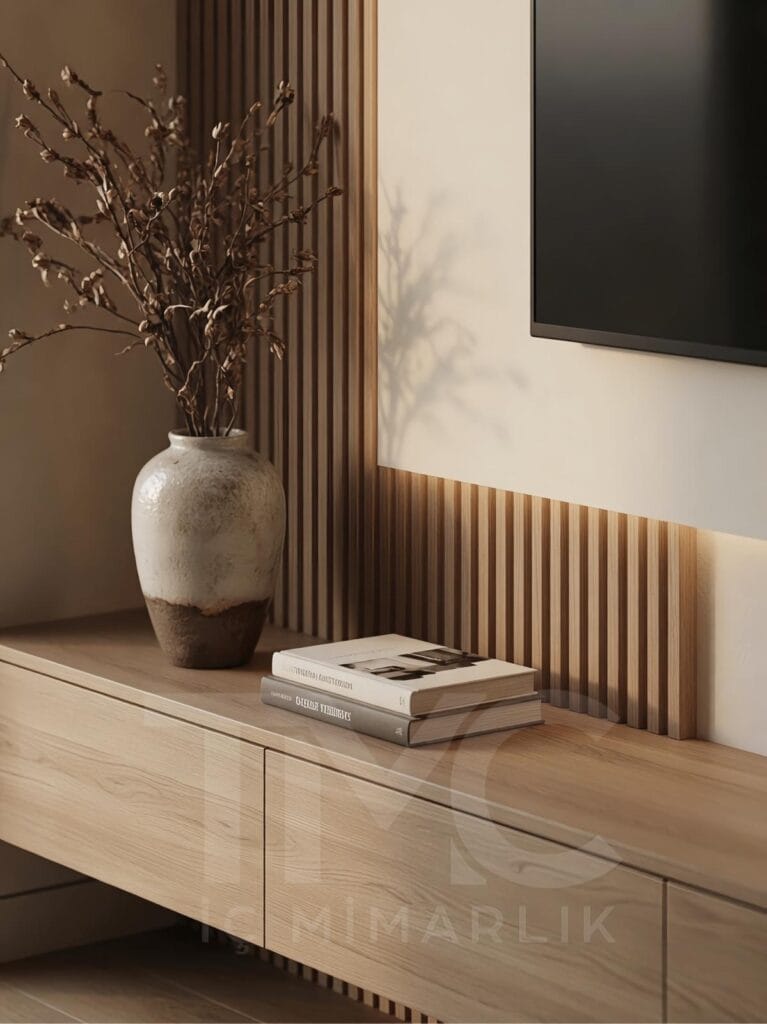 Acarkent’te modern TV ünitesi tasarımı, nervür panel detaylı, LED aydınlatmalı, doğal ahşap yüzeyli özel üretim salon tasarımı