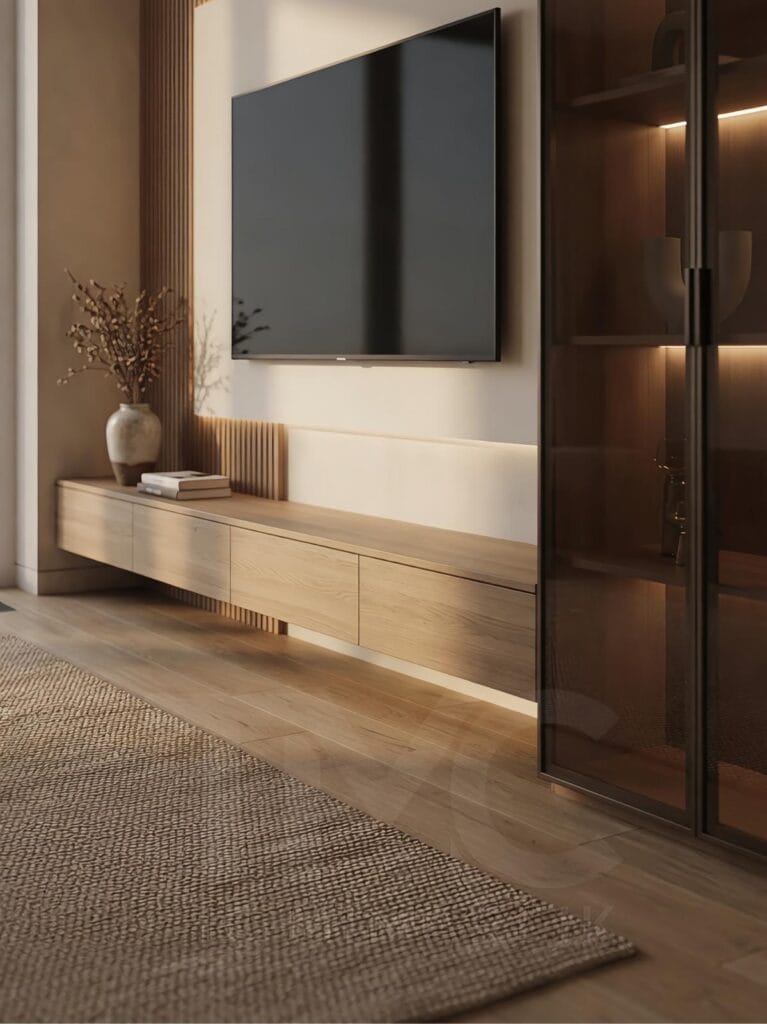 Acarkent’te modern TV ünitesi tasarımı, nervür panel detaylı, LED aydınlatmalı, doğal ahşap yüzeyli özel üretim salon tasarımı