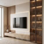 Acarkent’te modern TV ünitesi tasarımı, nervür panel detaylı, LED aydınlatmalı, doğal ahşap yüzeyli özel üretim salon tasarımı