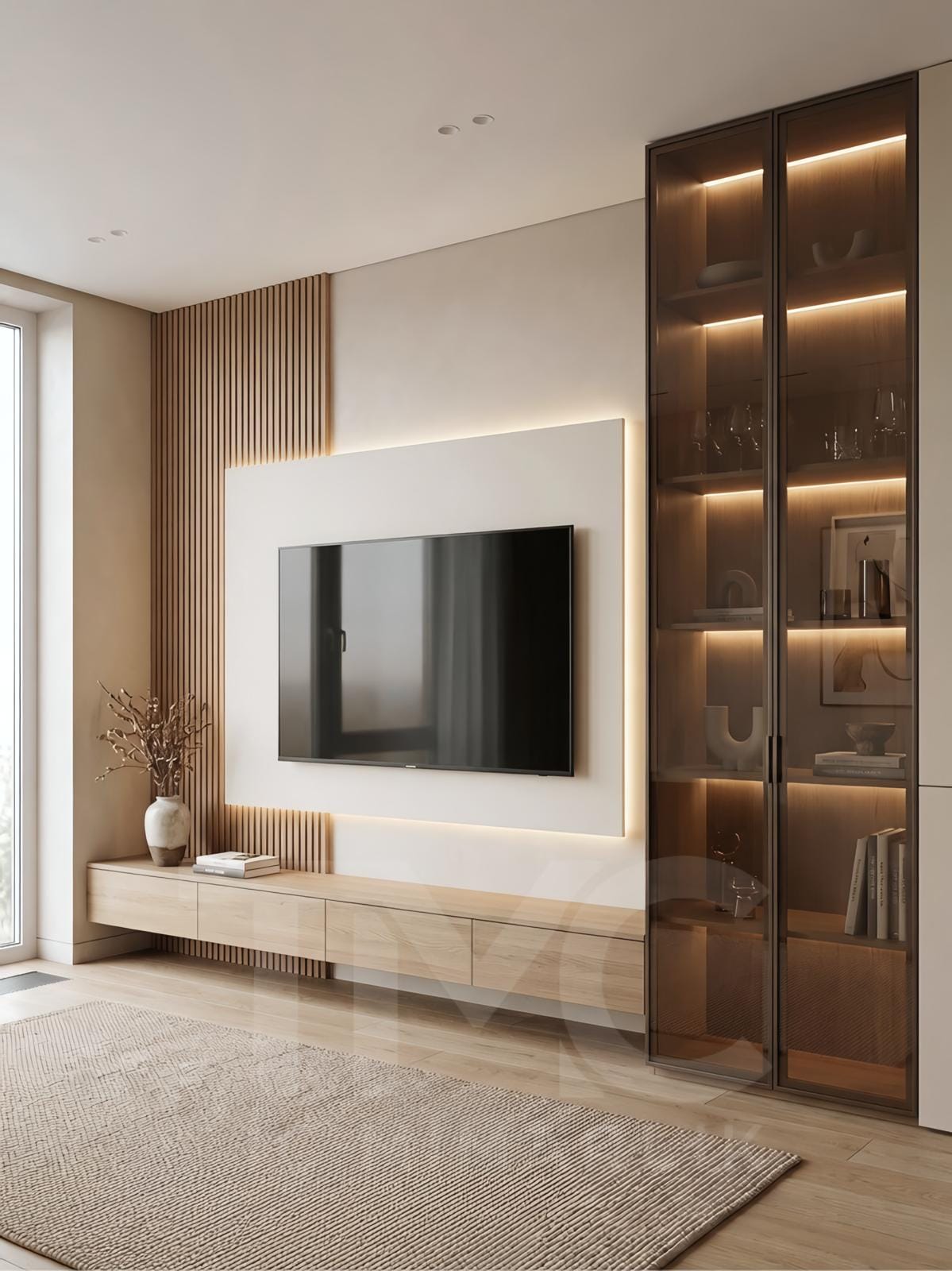 Acarkent’te modern TV ünitesi tasarımı, nervür panel detaylı, LED aydınlatmalı, doğal ahşap yüzeyli özel üretim salon tasarımı