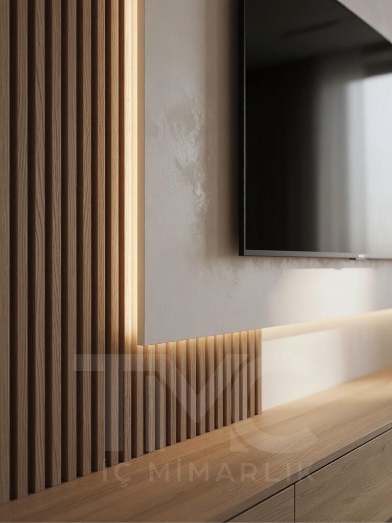 Acarkent’te modern TV ünitesi tasarımı, nervür panel detaylı, LED aydınlatmalı, doğal ahşap yüzeyli özel üretim salon tasarımı