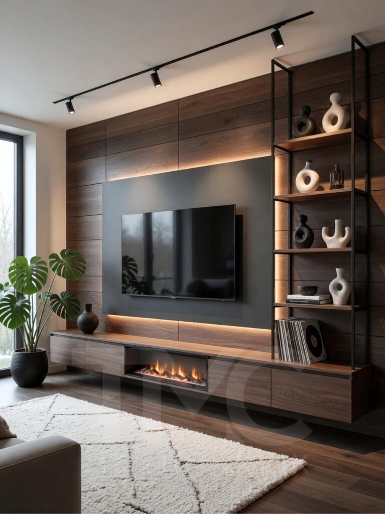 Acarkent modern TV ünitesi tasarımı, mermer panel arka duvar, ahşap detaylar ve LED aydınlatmalı lüks salon iç mimari uygulaması