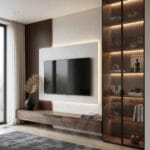 Acarkent’te modern TV ünitesi tasarımı, ahşap panel duvar, mermer yüzey, LED aydınlatma ve cam vitrin detaylarıyla lüks ve ölçüye özel salon iç mimari uygulaması