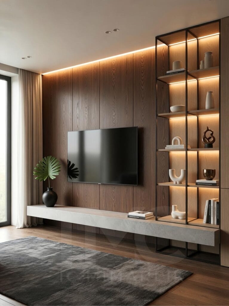 Acarkent’te modern TV ünitesi tasarımı, ahşap panel duvar, mermer yüzey, LED aydınlatma ve cam vitrin detaylarıyla lüks ve ölçüye özel salon iç mimari uygulaması