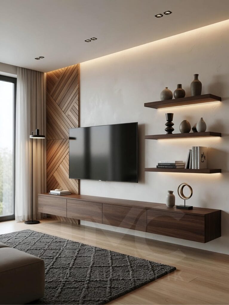 Acarkent’te modern TV ünitesi tasarımı, ahşap panel duvar, mermer yüzey, LED aydınlatma ve cam vitrin detaylarıyla lüks ve ölçüye özel salon iç mimari uygulaması