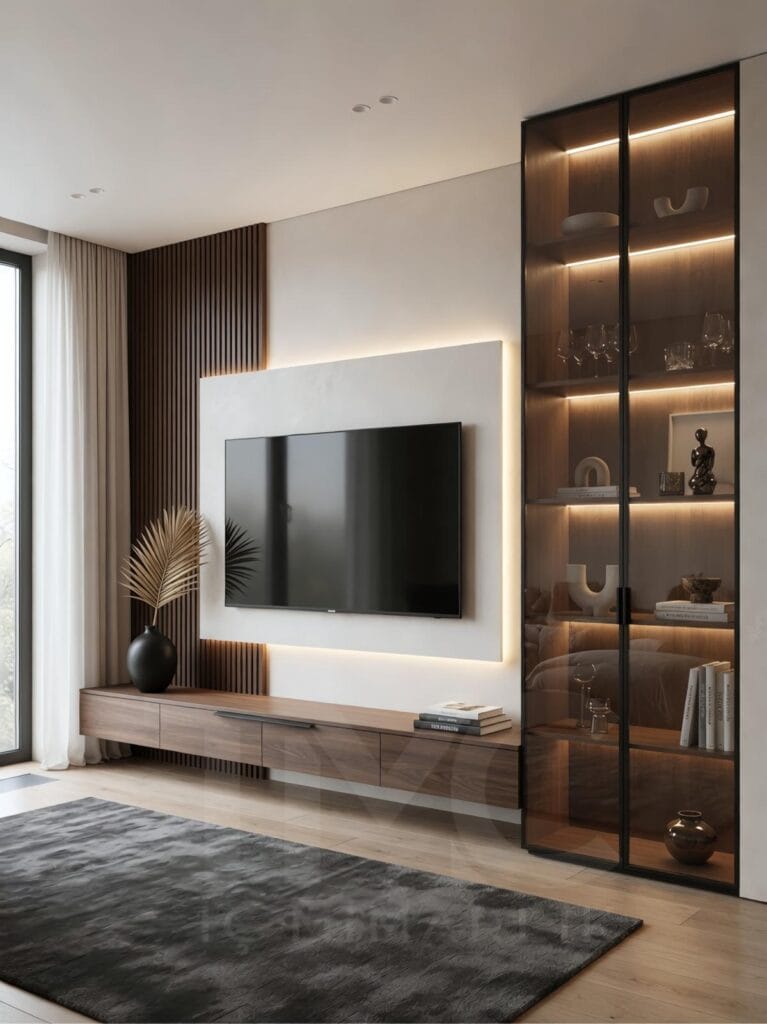 Acarkent’te modern TV ünitesi tasarımı, ahşap panel duvar, mermer yüzey, LED aydınlatma ve cam vitrin detaylarıyla lüks ve ölçüye özel salon iç mimari uygulaması