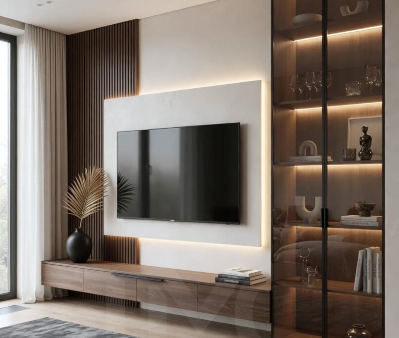 Acarkent’te modern TV ünitesi tasarımı, ahşap panel duvar, mermer yüzey, LED aydınlatma ve cam vitrin detaylarıyla lüks ve ölçüye özel salon iç mimari uygulaması