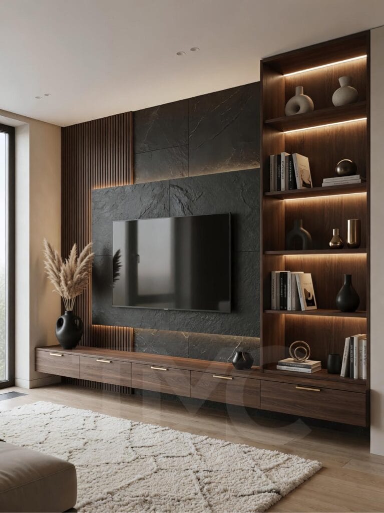 Acarkent modern TV ünitesi tasarımı, mermer panel arka duvar, ahşap detaylar ve LED aydınlatmalı lüks salon iç mimari uygulaması