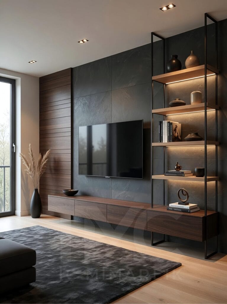 Acarkent modern TV ünitesi tasarımı, mermer panel arka duvar, ahşap detaylar ve LED aydınlatmalı lüks salon iç mimari uygulaması