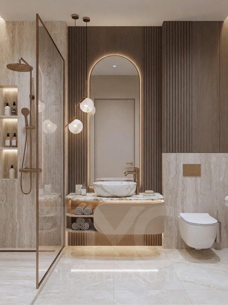 Dünya Şehir Maltepe’de konumlanan bu özel banyo tasarımı projesinde, Tuğçe ve Ali çifti için modern, sıcak ve zamansız bir yaşam alanı oluşturuldu