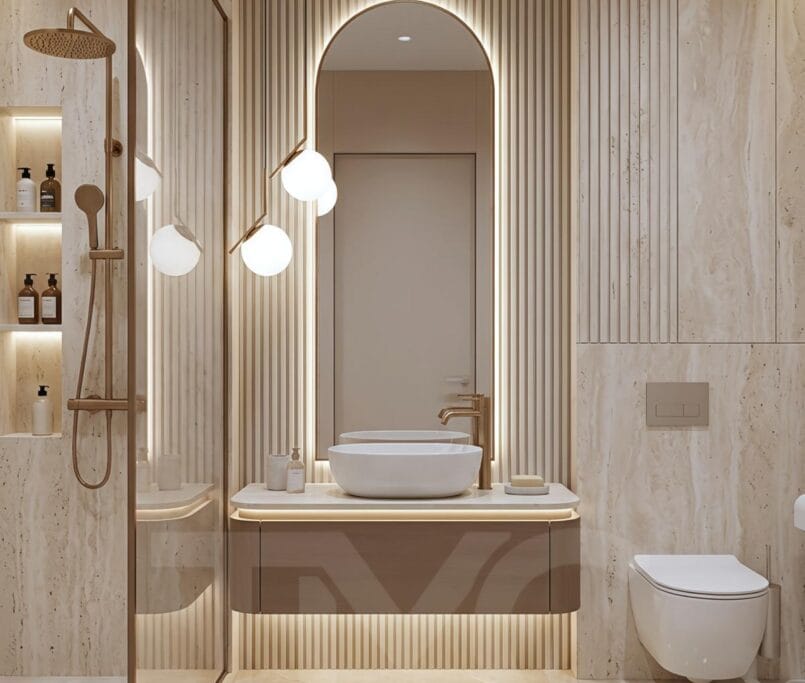 Dünya Şehir Maltepe’de konumlanan bu özel banyo tasarımı projesinde, Tuğçe ve Ali çifti için modern, sıcak ve zamansız bir yaşam alanı oluşturuldu