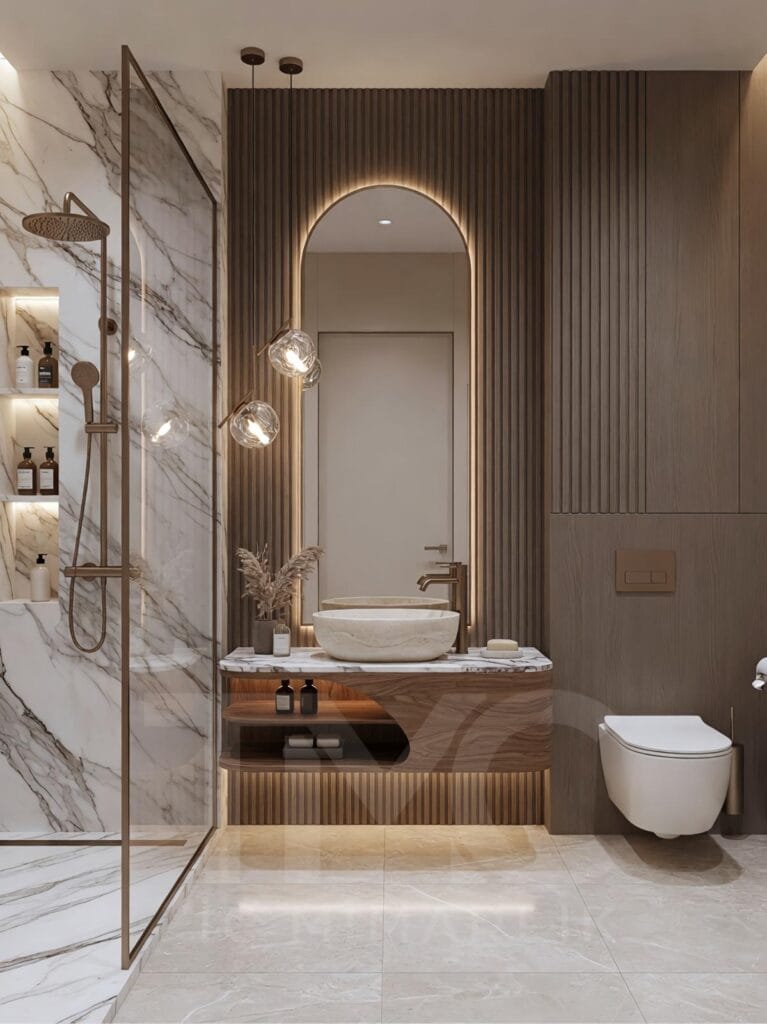 Dünya Şehir Maltepe’de konumlanan bu özel banyo tasarımı projesinde, Tuğçe ve Ali çifti için modern, sıcak ve zamansız bir yaşam alanı oluşturuldu
