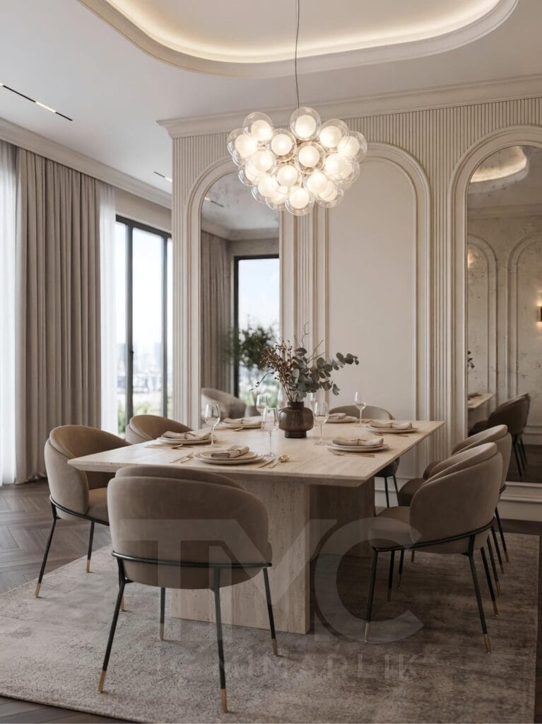 Modern lüks salon ve yemek odası tasarımı, Soyak Yenişehir Emir Bey projesi, kemer formlu duvar panelleri, doğal taş yemek masası, modern avize, balıksırtı ahşap parke, soft krem tonları, sıcak LED aydınlatma, modern iç mimari salon dekorasyonu, özel üretim yemek odası tasarımı, TMC Mimarlık salon projesi, premium yaşam alanı tasarımı, modern klasik salon dekorasyonu, İstanbul iç mimari proje tasarımı