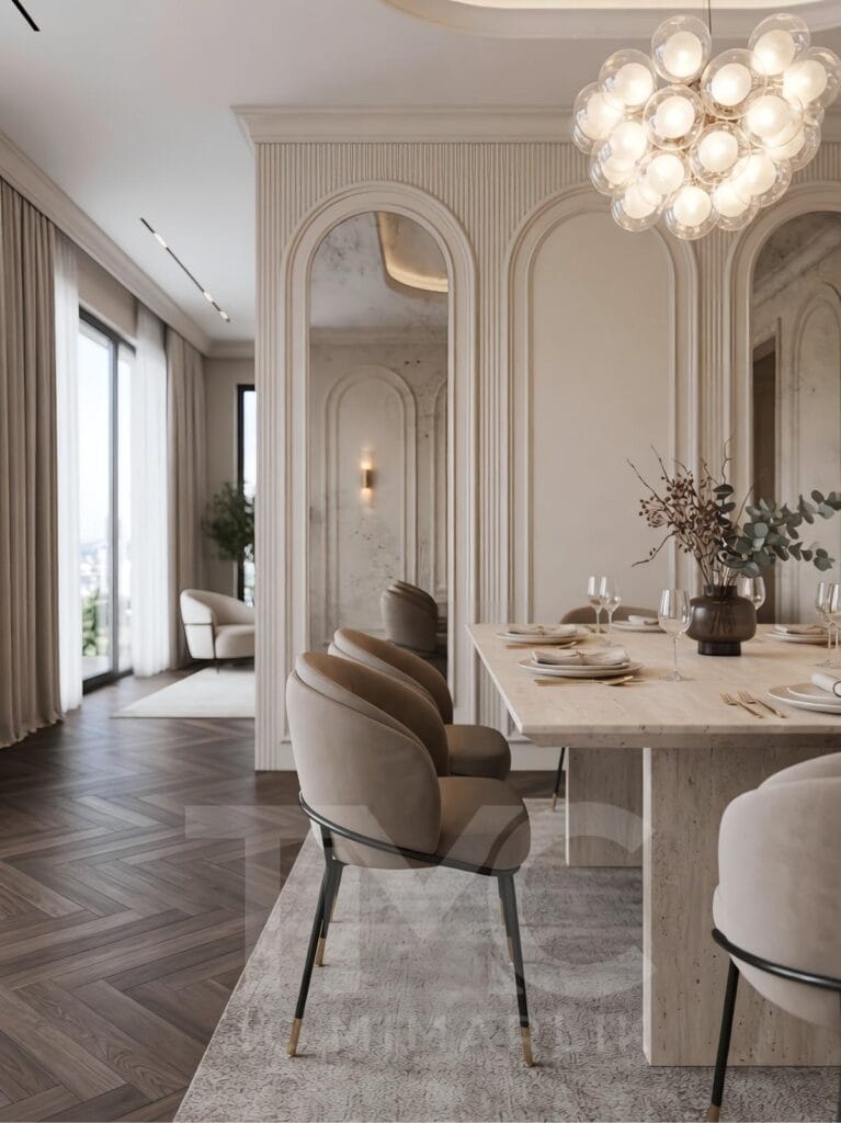 Modern lüks salon ve yemek odası tasarımı, Soyak Yenişehir Emir Bey projesi, kemer formlu duvar panelleri, doğal taş yemek masası, modern avize, balıksırtı ahşap parke, soft krem tonları, sıcak LED aydınlatma, modern iç mimari salon dekorasyonu, özel üretim yemek odası tasarımı, TMC Mimarlık salon projesi, premium yaşam alanı tasarımı, modern klasik salon dekorasyonu, İstanbul iç mimari proje tasarımı