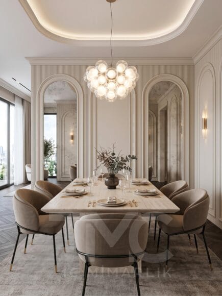 Modern lüks salon ve yemek odası tasarımı, Soyak Yenişehir Emir Bey projesi, kemer formlu duvar panelleri, doğal taş yemek masası, modern avize, balıksırtı ahşap parke, soft krem tonları, sıcak LED aydınlatma, modern iç mimari salon dekorasyonu, özel üretim yemek odası tasarımı, TMC Mimarlık salon projesi, premium yaşam alanı tasarımı, modern klasik salon dekorasyonu, İstanbul iç mimari proje tasarımı