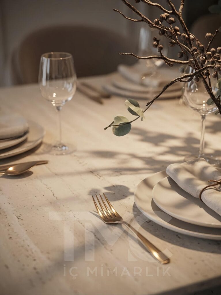 Modern lüks salon ve yemek odası tasarımı, Soyak Yenişehir Emir Bey projesi, kemer formlu duvar panelleri, doğal taş yemek masası, modern avize, balıksırtı ahşap parke, soft krem tonları, sıcak LED aydınlatma, modern iç mimari salon dekorasyonu, özel üretim yemek odası tasarımı, TMC Mimarlık salon projesi, premium yaşam alanı tasarımı, modern klasik salon dekorasyonu, İstanbul iç mimari proje tasarımı