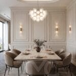 Modern salon ve yemek odası tasarımı, Soyak Yenişehir Emir Bey projesi, krem tonlarında modern iç mimari, doğal taş detaylı salon tasarımı, sıcak LED aydınlatmalı yaşam alanı, modern yemek odası dekorasyonu, özel tasarım TV ünitesi, dekoratif duvar paneli uygulaması, lüks salon iç mimari tasarımı, TMC Mimarlık modern yaşam alanı projesi, premium salon dekorasyonu, modern daire iç mekan tasarımı, ahşap detaylı salon konsepti, contemporary living room design, luxury dining room interior, modern Turkish interior design.