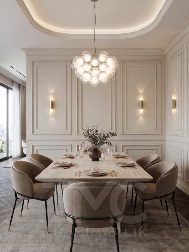 Modern salon ve yemek odası tasarımı, Soyak Yenişehir Emir Bey projesi, krem tonlarında modern iç mimari, doğal taş detaylı salon tasarımı, sıcak LED aydınlatmalı yaşam alanı, modern yemek odası dekorasyonu, özel tasarım TV ünitesi, dekoratif duvar paneli uygulaması, lüks salon iç mimari tasarımı, TMC Mimarlık modern yaşam alanı projesi, premium salon dekorasyonu, modern daire iç mekan tasarımı, ahşap detaylı salon konsepti, contemporary living room design, luxury dining room interior, modern Turkish interior design.