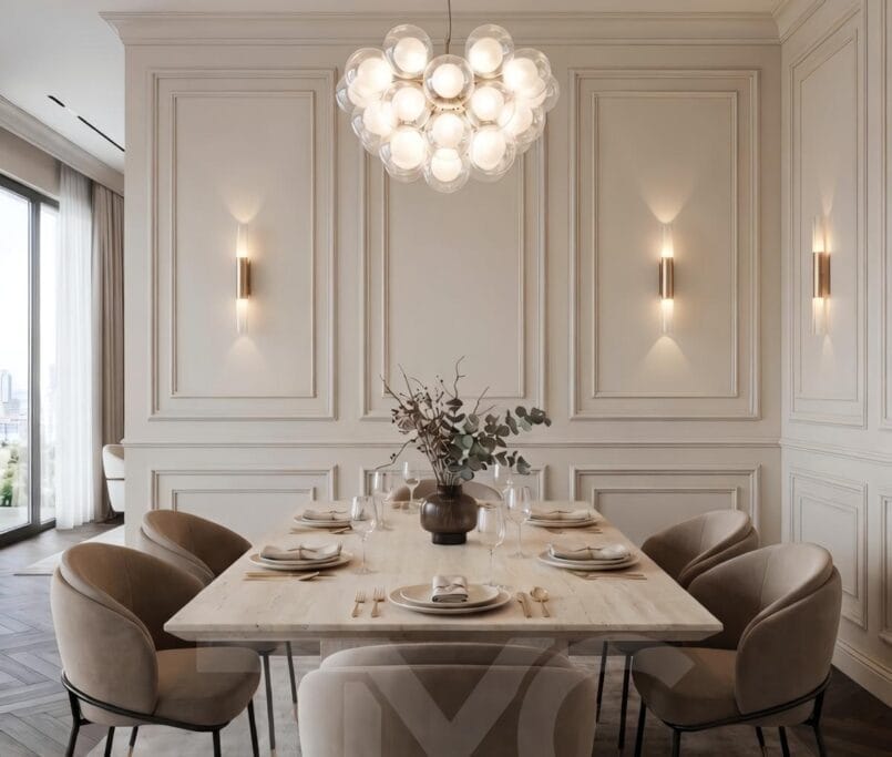 Modern salon ve yemek odası tasarımı, Soyak Yenişehir Emir Bey projesi, krem tonlarında modern iç mimari, doğal taş detaylı salon tasarımı, sıcak LED aydınlatmalı yaşam alanı, modern yemek odası dekorasyonu, özel tasarım TV ünitesi, dekoratif duvar paneli uygulaması, lüks salon iç mimari tasarımı, TMC Mimarlık modern yaşam alanı projesi, premium salon dekorasyonu, modern daire iç mekan tasarımı, ahşap detaylı salon konsepti, contemporary living room design, luxury dining room interior, modern Turkish interior design.