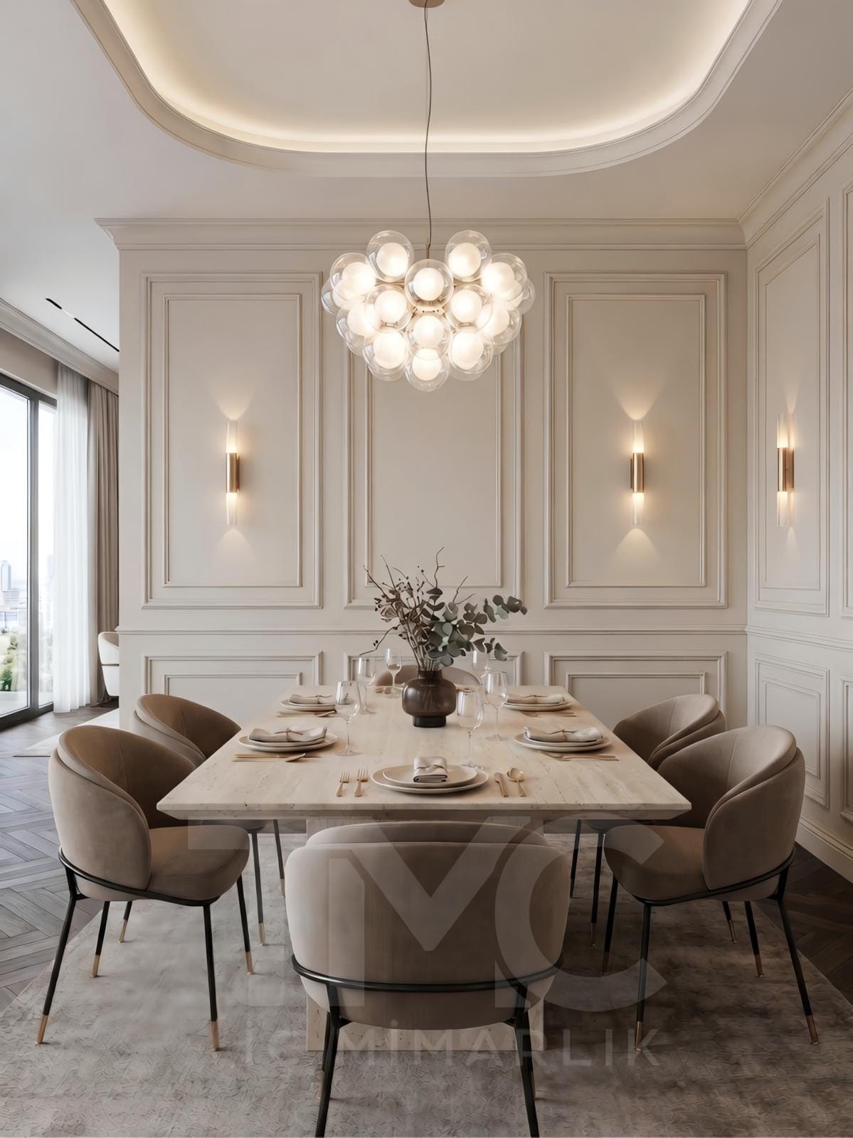 Modern salon ve yemek odası tasarımı, Soyak Yenişehir Emir Bey projesi, krem tonlarında modern iç mimari, doğal taş detaylı salon tasarımı, sıcak LED aydınlatmalı yaşam alanı, modern yemek odası dekorasyonu, özel tasarım TV ünitesi, dekoratif duvar paneli uygulaması, lüks salon iç mimari tasarımı, TMC Mimarlık modern yaşam alanı projesi, premium salon dekorasyonu, modern daire iç mekan tasarımı, ahşap detaylı salon konsepti, contemporary living room design, luxury dining room interior, modern Turkish interior design.