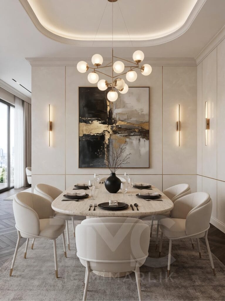 Modern salon ve yemek odası tasarımı, Soyak Yenişehir Emir Bey projesi, krem tonlarında modern iç mimari, doğal taş detaylı salon tasarımı, sıcak LED aydınlatmalı yaşam alanı, modern yemek odası dekorasyonu, özel tasarım TV ünitesi, dekoratif duvar paneli uygulaması, lüks salon iç mimari tasarımı, TMC Mimarlık modern yaşam alanı projesi, premium salon dekorasyonu, modern daire iç mekan tasarımı, ahşap detaylı salon konsepti, contemporary living room design, luxury dining room interior, modern Turkish interior design.