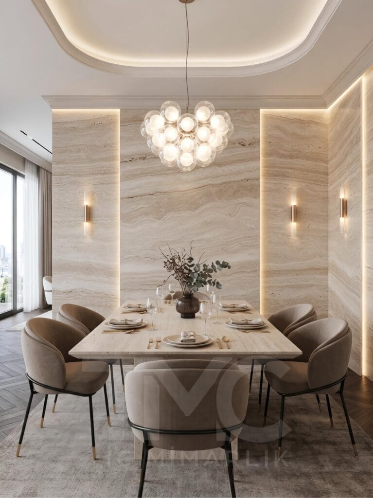 Modern salon ve yemek odası tasarımı, Soyak Yenişehir Emir Bey projesi, krem tonlarında modern iç mimari, doğal taş detaylı salon tasarımı, sıcak LED aydınlatmalı yaşam alanı, modern yemek odası dekorasyonu, özel tasarım TV ünitesi, dekoratif duvar paneli uygulaması, lüks salon iç mimari tasarımı, TMC Mimarlık modern yaşam alanı projesi, premium salon dekorasyonu, modern daire iç mekan tasarımı, ahşap detaylı salon konsepti, contemporary living room design, luxury dining room interior, modern Turkish interior design.