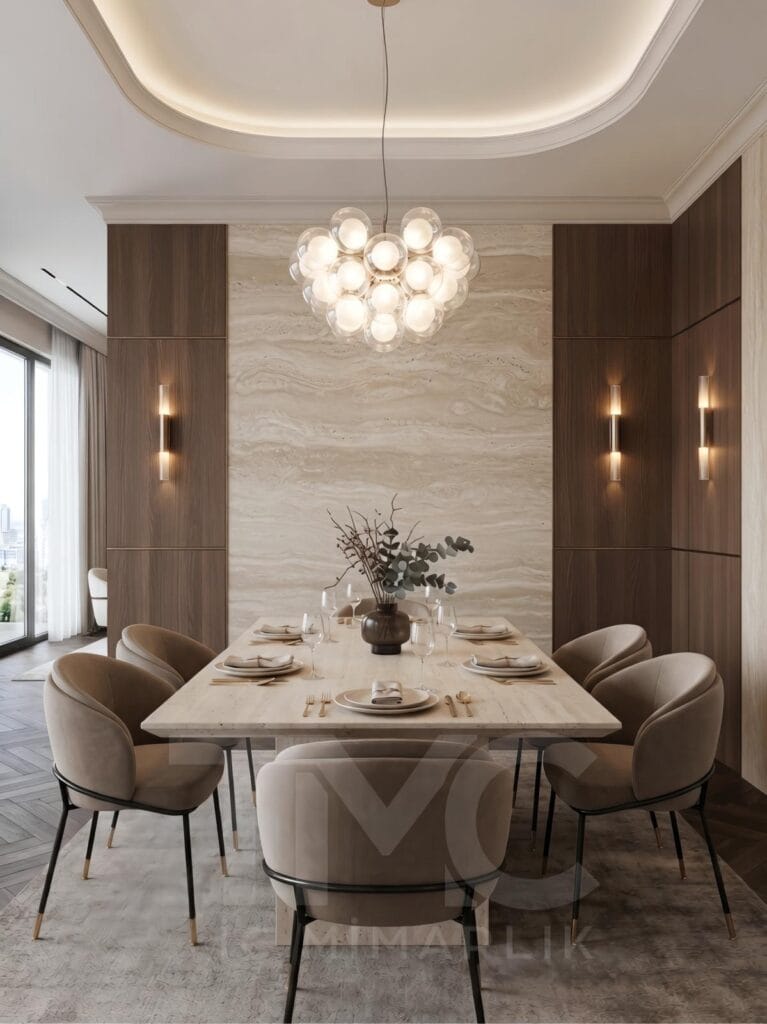 Modern salon ve yemek odası tasarımı, Soyak Yenişehir Emir Bey projesi, krem tonlarında modern iç mimari, doğal taş detaylı salon tasarımı, sıcak LED aydınlatmalı yaşam alanı, modern yemek odası dekorasyonu, özel tasarım TV ünitesi, dekoratif duvar paneli uygulaması, lüks salon iç mimari tasarımı, TMC Mimarlık modern yaşam alanı projesi, premium salon dekorasyonu, modern daire iç mekan tasarımı, ahşap detaylı salon konsepti, contemporary living room design, luxury dining room interior, modern Turkish interior design.
