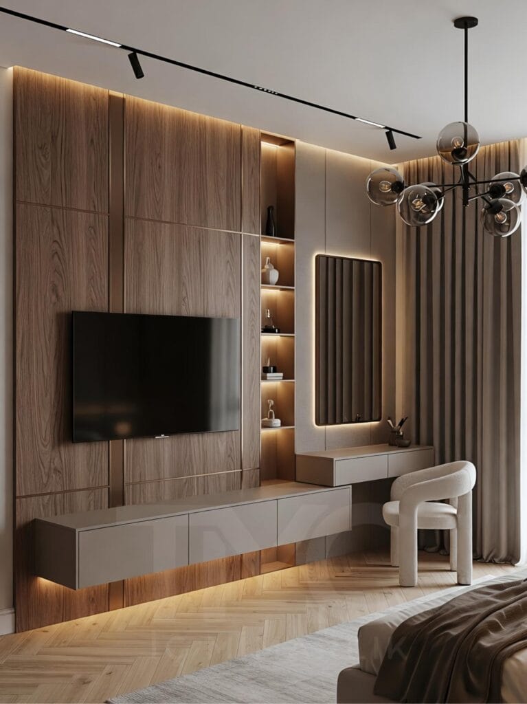 Modern yatak odası içerisinde tasarlanan özel üretim TV ünitesi ve makyaj masası tasarımı. Ahşap duvar panelleri, doğal mermer görünümlü yüzeyler, gizli LED aydınlatmalar, modern ayna detayları ve sıcak nötr tonlarla dekore edilmiş lüks iç mimari yatak odası projesi. Erenköy projesine ait modern TV ünitesi ve makyaj masası uygulaması.