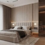 Modern yatak odası tasarımı, Bomonti Rotana Residence Emir Bey projesi, vizon ve açık meşe tonlarında özel tasarım yatak odası, led aydınlatmalı döşemeli yatak başlığı, bronz nervür cam gömme dolap sistemi, modern makyaj masası tasarımı, floating komodin detayları, minimal lineer tavan aydınlatmaları, lüks iç mimari yatak odası dekorasyonu, TMC Mimarlık modern yatak odası projesi
