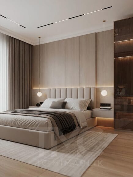Modern yatak odası tasarımı, Bomonti Rotana Residence Emir Bey projesi, vizon ve açık meşe tonlarında özel tasarım yatak odası, led aydınlatmalı döşemeli yatak başlığı, bronz nervür cam gömme dolap sistemi, modern makyaj masası tasarımı, floating komodin detayları, minimal lineer tavan aydınlatmaları, lüks iç mimari yatak odası dekorasyonu, TMC Mimarlık modern yatak odası projesi