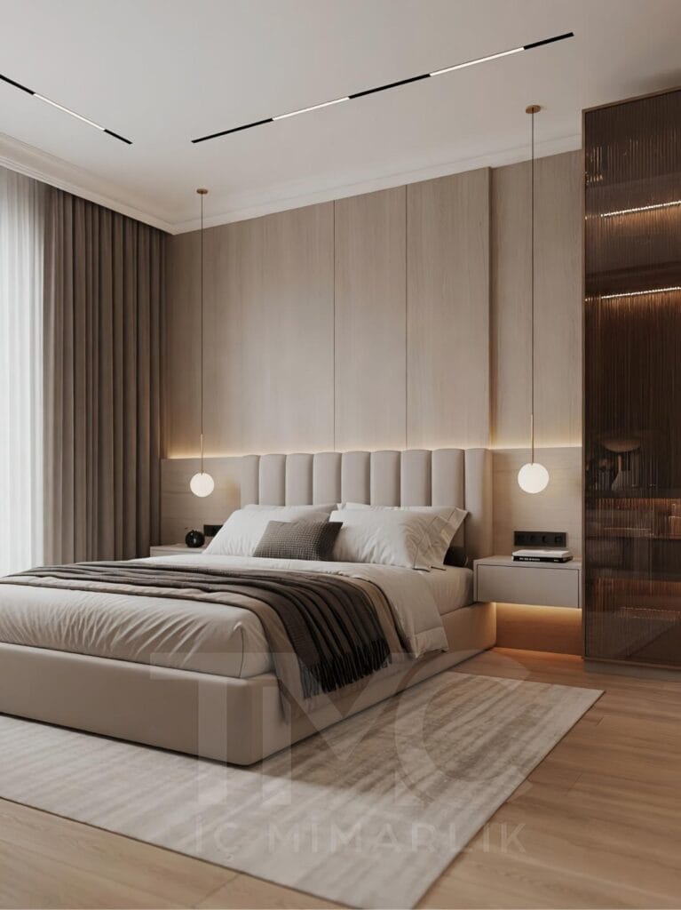 Modern yatak odası tasarımı, Bomonti Rotana Residence Emir Bey projesi, vizon ve açık meşe tonlarında özel tasarım yatak odası, led aydınlatmalı döşemeli yatak başlığı, bronz nervür cam gömme dolap sistemi, modern makyaj masası tasarımı, floating komodin detayları, minimal lineer tavan aydınlatmaları, lüks iç mimari yatak odası dekorasyonu, TMC Mimarlık modern yatak odası projesi