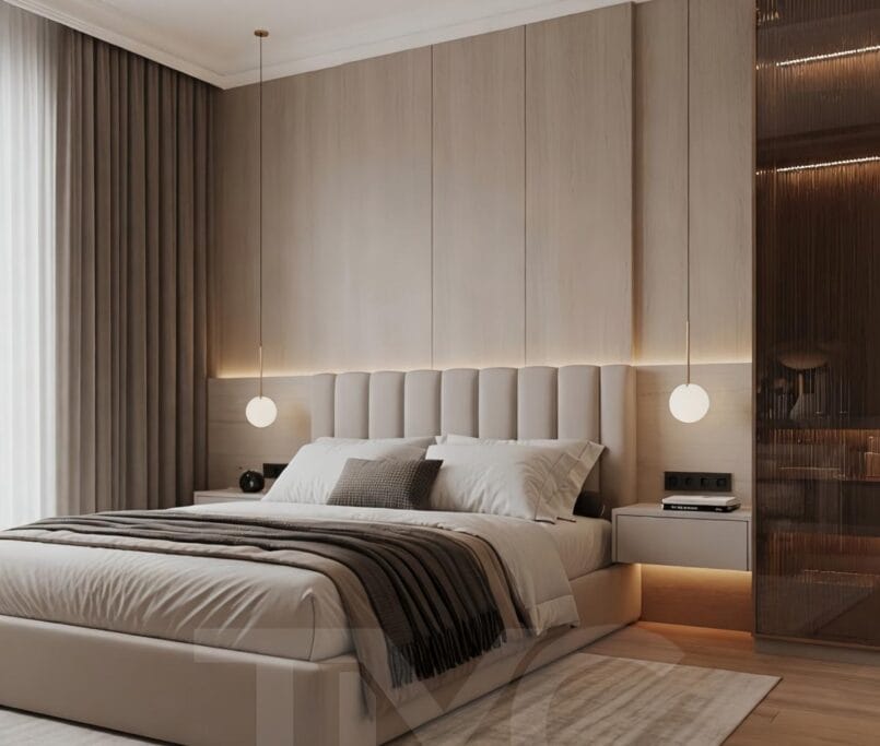 Modern yatak odası tasarımı, Bomonti Rotana Residence Emir Bey projesi, vizon ve açık meşe tonlarında özel tasarım yatak odası, led aydınlatmalı döşemeli yatak başlığı, bronz nervür cam gömme dolap sistemi, modern makyaj masası tasarımı, floating komodin detayları, minimal lineer tavan aydınlatmaları, lüks iç mimari yatak odası dekorasyonu, TMC Mimarlık modern yatak odası projesi